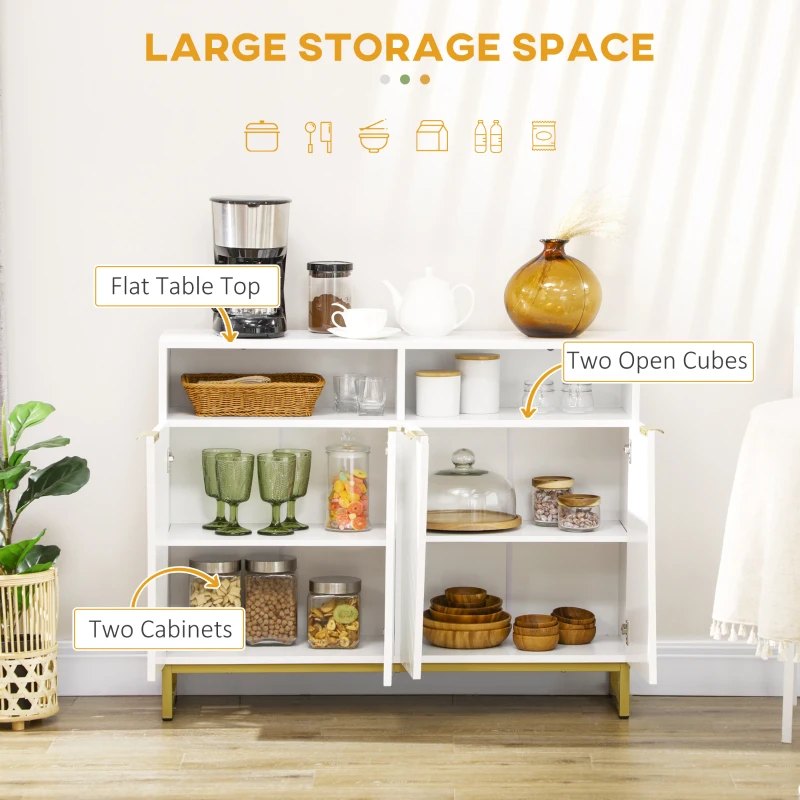 HOMCOM Accent Sideboards, Kitchen Storage Cabinet with 4 Doors, Adjustable Shelves, Metal Base for Living Room, Hallway, White