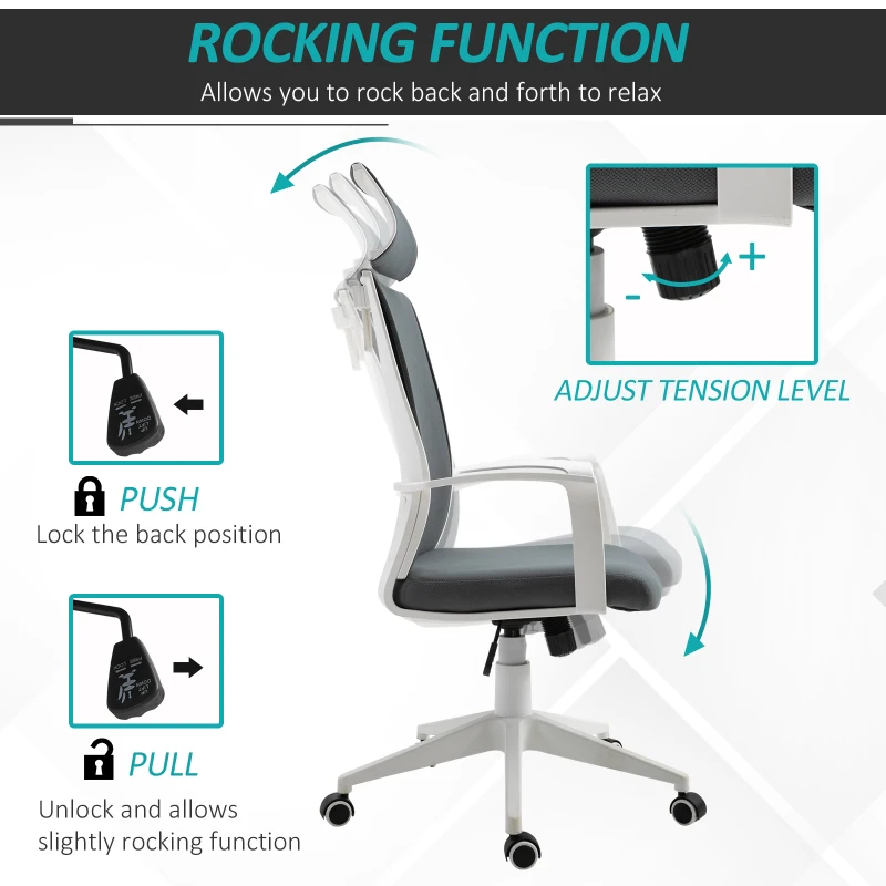 Vinsetto Office Chair High Back Mesh Office Chair 360° Swivel Rocking Height Adjustable with Headrest, Grey and White