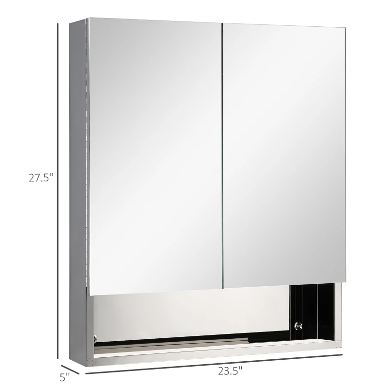 kleankin Wall Mount Bathroom Mirror Cabinet, Medicine Cabinet with Shelves Storage Organizer Stainless Steel Double Doors
