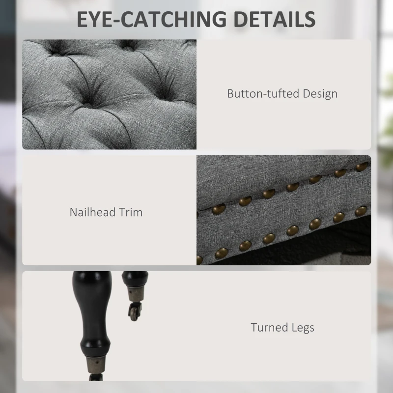 HOMCOM Mobile End of Bed Bench, Upholstered Bedroom Entryway Bench with Button-Tufted, Accent Ottoman with Nailhead Trim and Wheels, Gray