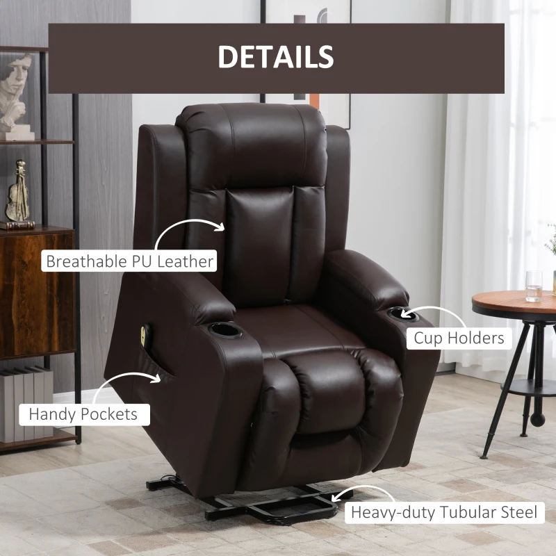 HOMCOM PU Leather Electric Power Lift Chair for Elderly Recliner Sofa with Cup Holders and Footrest (Brown)