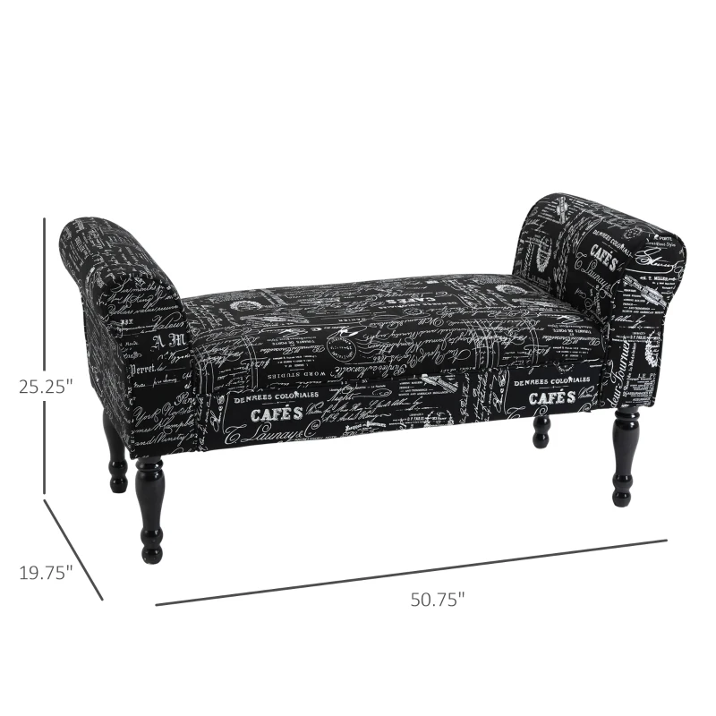 HOMCOM 51'' Armed Upholstered Fabric Bedside Bench Ottoman Footstool for Bedroom, Entryway, Living Room, Black