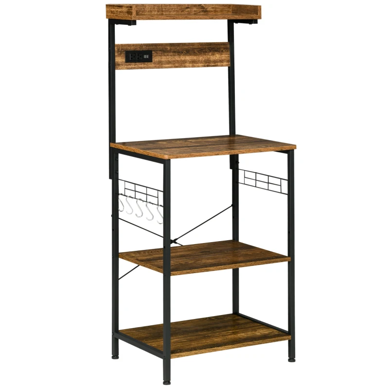 HOMCOM Kitchen Baker's Rack with Power Outlet, USB Ports, Coffee Bar Station with Adjustable Shelves, Rustic Brown