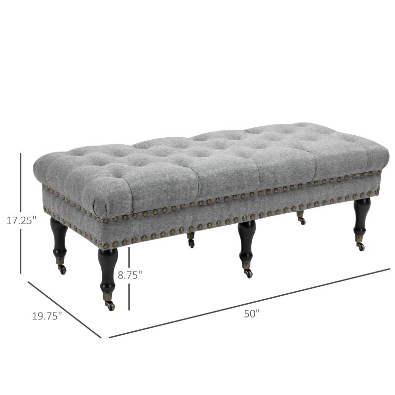 HOMCOM Mobile End of Bed Bench, Upholstered Bedroom Entryway Bench with Button-Tufted, Accent Ottoman with Nailhead Trim and Wheels, Gray
