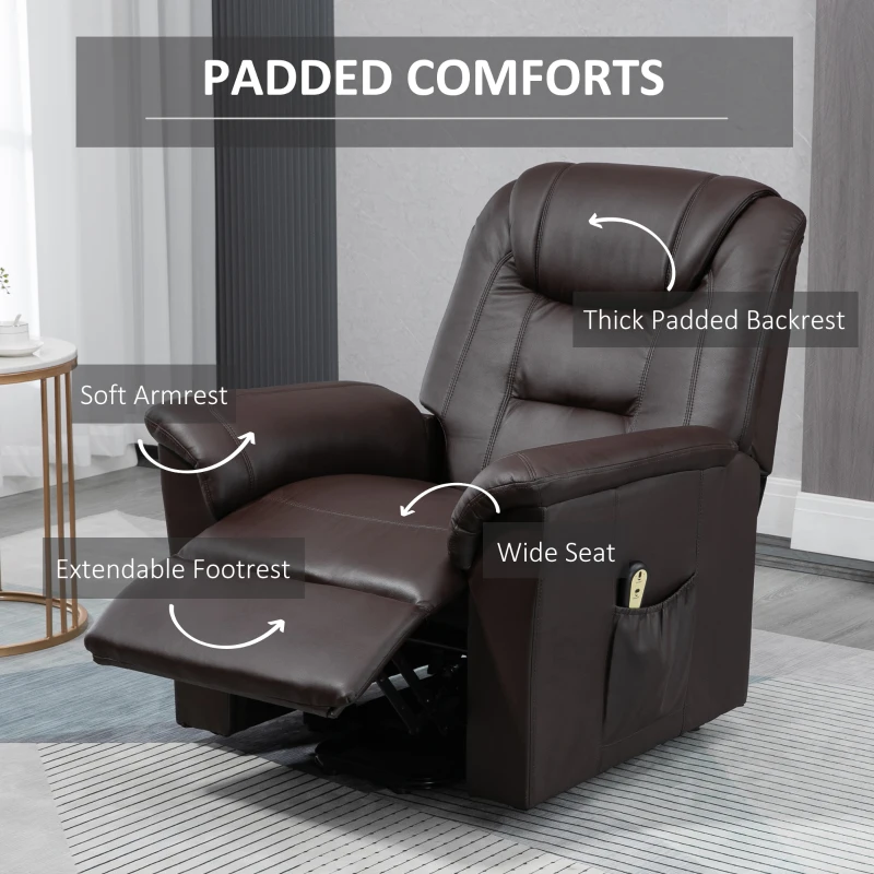 HOMCOM Electric Power Lift Chair for Elderly, PU Leather Recliner Sofa with Footrest and Remote Control for Living Room, Brown