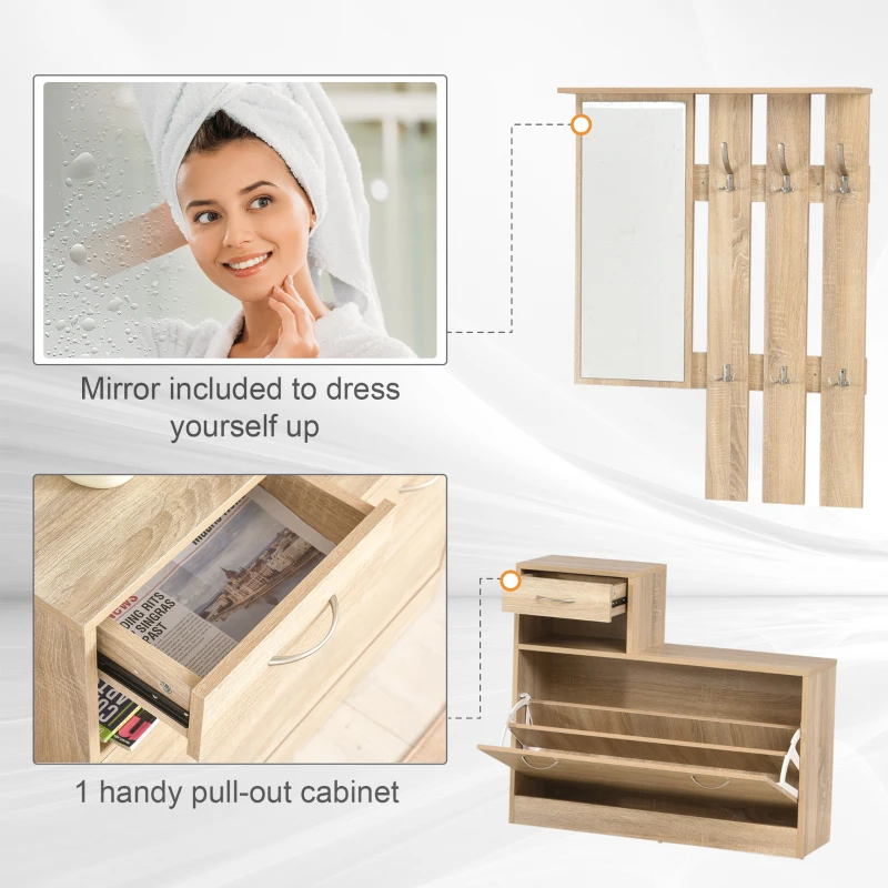 HOMCOM 3-in-1 Coat Rack Set, Entryway Bench Organizer Shoes Cabinet Storage Shelf Mirrored with 6 Hooks Coat Rack, For Hallway Entrance Use, Wood