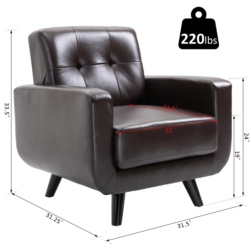 HOMCOM PU Leather Armchair Padded Accent Club Chair,  Tufted Back Wooden Seat with Armrest Living Room Furniture, 31.5" W, Brown