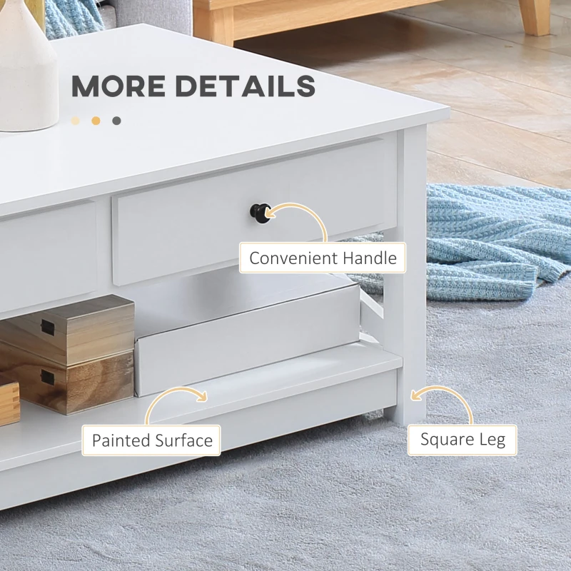 HOMCOM Coffee Table with Storage, Farmhouse Living Room Table with Drawers and Open Shelf, Centre Table with X-frames, White