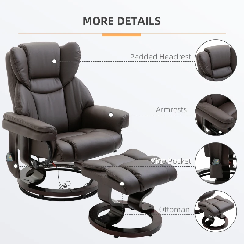 HOMCOM Massage Recliner and Ottoman, PU Leisure Office Chair with 10 Vibration Points, Adjustable Backrest, Side Pocket and Remote Control, for Living Room, Study, Bedroom, Brown