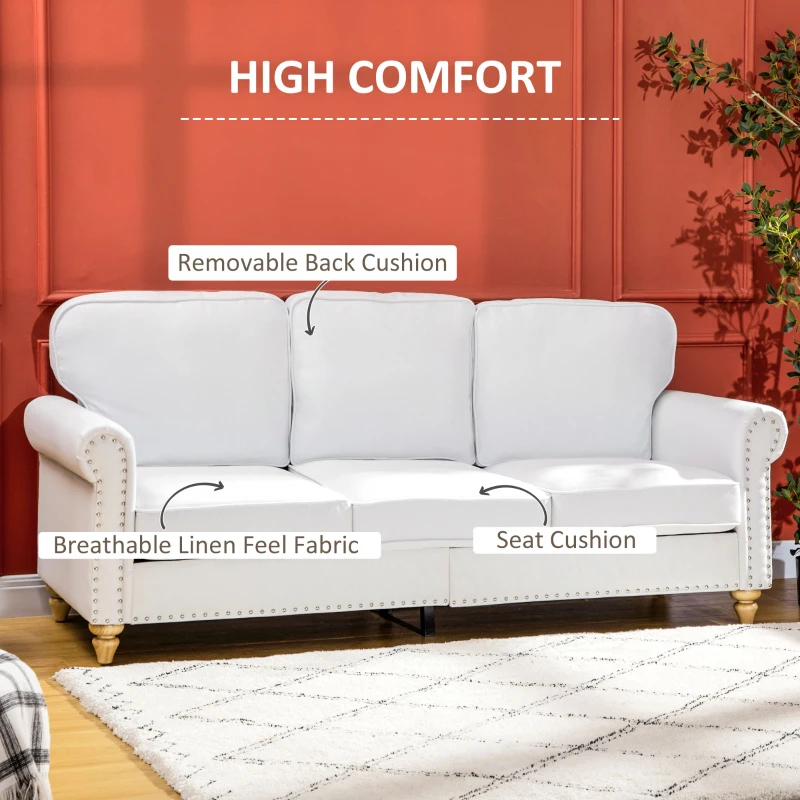 HOMCOM 3-Seater Sofa Couch, 81" Modern Upholstered Linen Fabric Sofa with Rubberwood Legs, Nailhead Trim and Rolled Arms for Living Room, Bedroom and Apartment, White