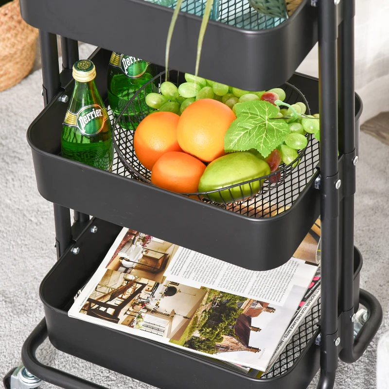 HOMCOM 3-Tier Rolling Serving Cart Utility Kitchen Trolley Storage Cart Multifunction Organizer Shelving Units with Wheels, Black