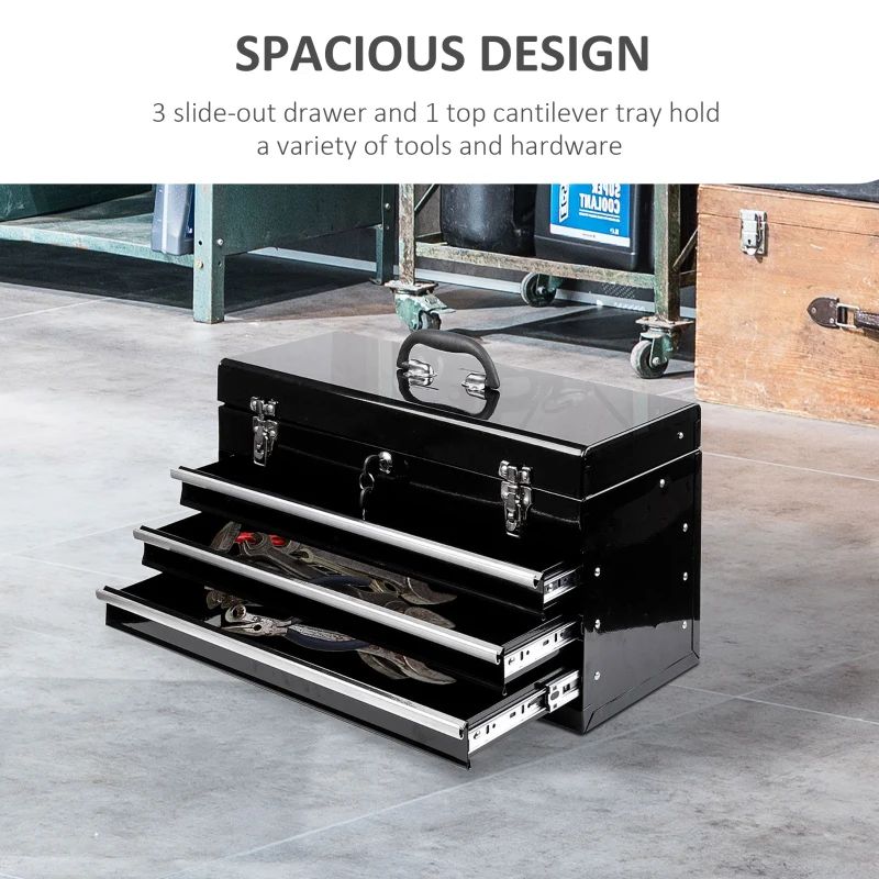 HOMCOM 3-Drawer Tool Storage Chest Steel Tool Box Organizer Portable Garage Tool Cabinet Toolbox w/ Handle Black