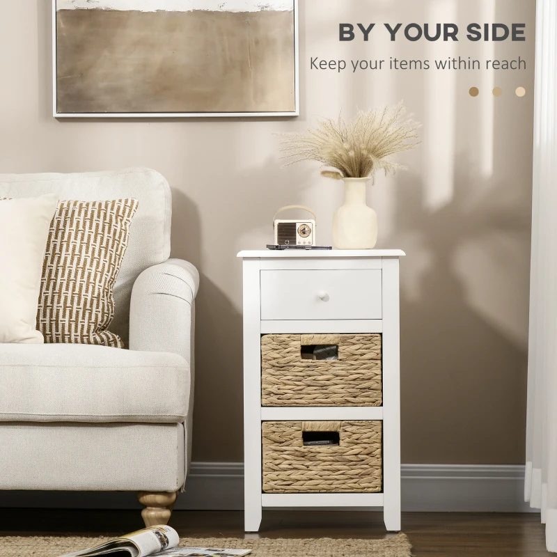 HOMCOM End Side Table with Removable Woven Baskets and Drawer for Living Room, Bedroom, 15.6"x11.8"x26.2", White