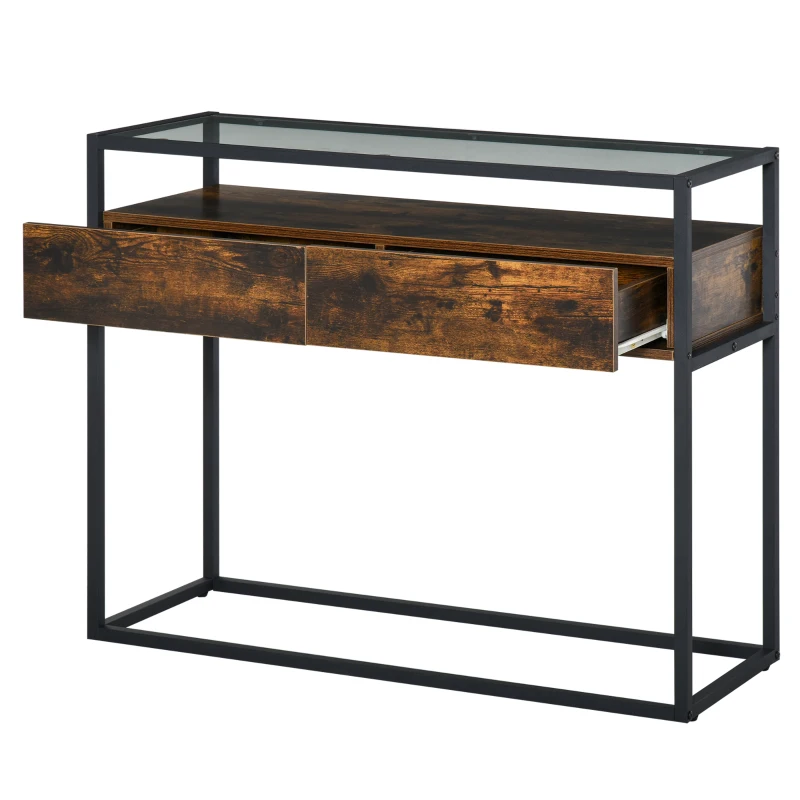 HOMCOM Industrial Style Entryway Console Table Desk with Drawers, Toughened Glass Shelf, 3D Wood Grain