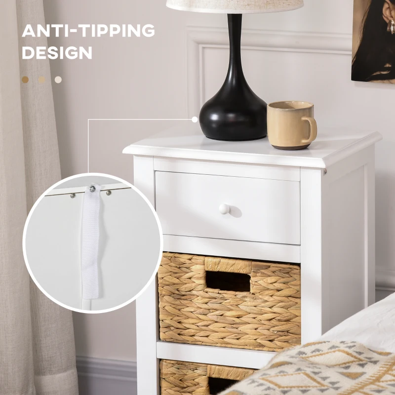 HOMCOM End Side Table with Removable Woven Baskets and Drawer for Living Room, Bedroom, 15.6"x11.8"x26.2", White