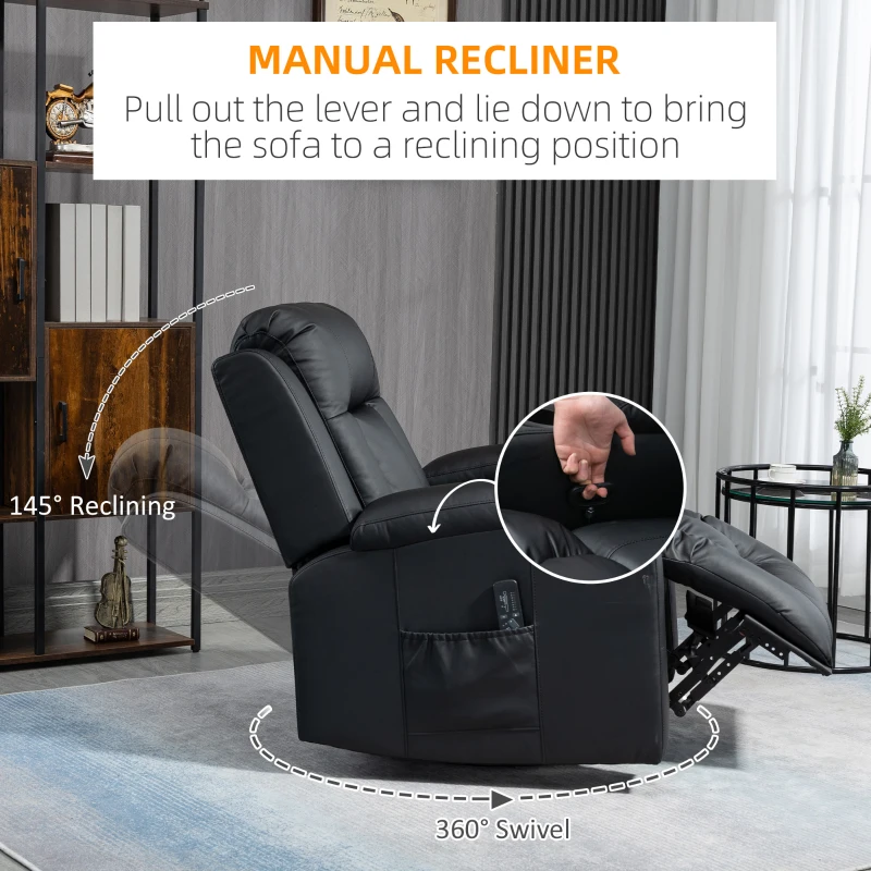 HOMCOM Massage Recliner Chair for Living Room with 8 Vibration Points, PU Leather Reclining Chair with Cup Holders, Swivel Base, Rocking Function, Black