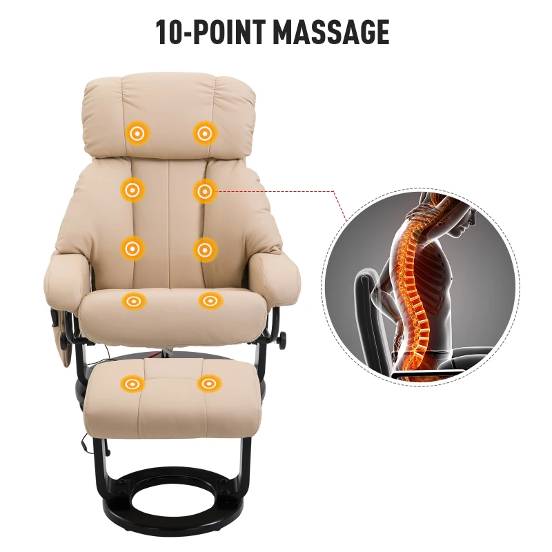 HOMCOM Massage Recliner Ottoman Set Electronic Reclining Chair with Footrest 10 Vibration Motor Swivel Wood Base Beige