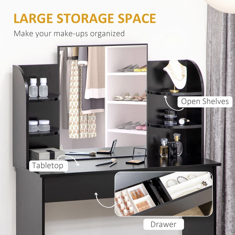 HOMCOM Vanity Desk with Mirror, Makeup Vanity with Open Shelves and Drawer, Dressing Table for Bedroom, Black