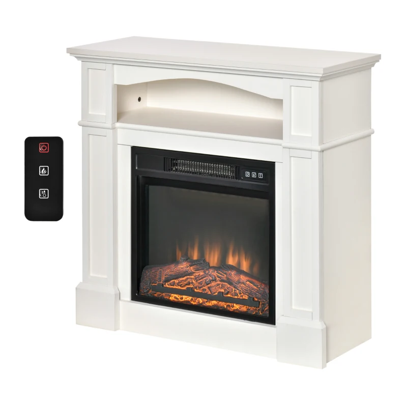 HOMCOM 32" Electric Fireplace with Mantel, Freestanding Heater with LED Log Flame, Shelf and Remote Control, 1400W, White