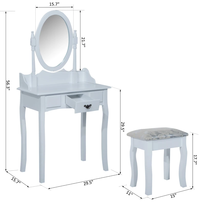HOMCOM Vanity Table Set Oval Mirror Makeup Dressing Table with Cushioned Stool Bedroom Furniture White