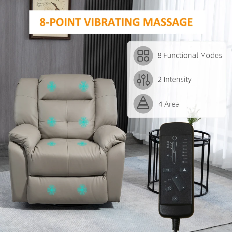 HOMCOM 8-Point Vibration Massage Recliner Chair, PU Leather Manual Reclining Sofa, Swivel Nursery Rocking Chair with Remote Control, Side Pockets, for Living Room, Grey