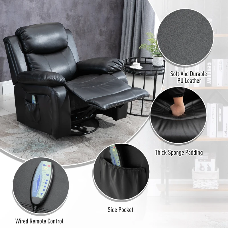 HOMCOM Deluxe Manual Recliner Electronic Heated Massage Sofa Recliner Chair Leather Lounge Black