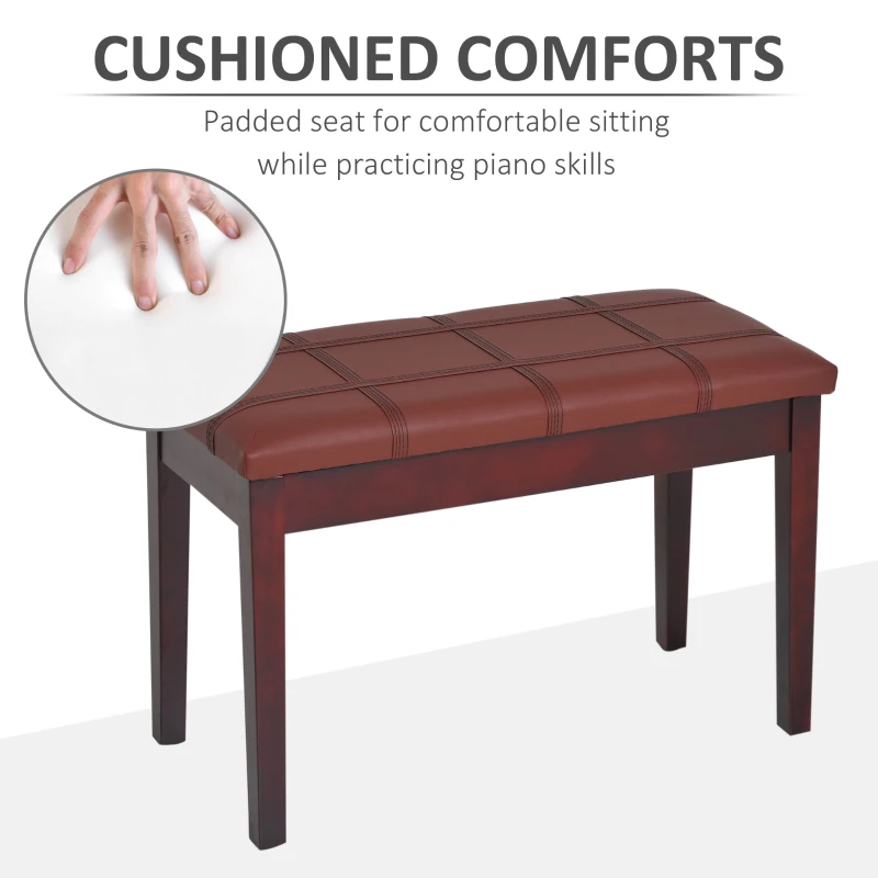 HOMCOM Duet Piano Storage Bench Two Person Professional Padded Keyboard Seat Birchwood with Traditional PU Leather Lift Top Brown