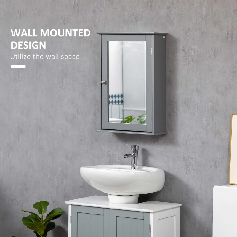 kleankin Bathroom Mirror Cabinet, Wall Mounted Medicine Cabinet with Door and Shelves, Grey