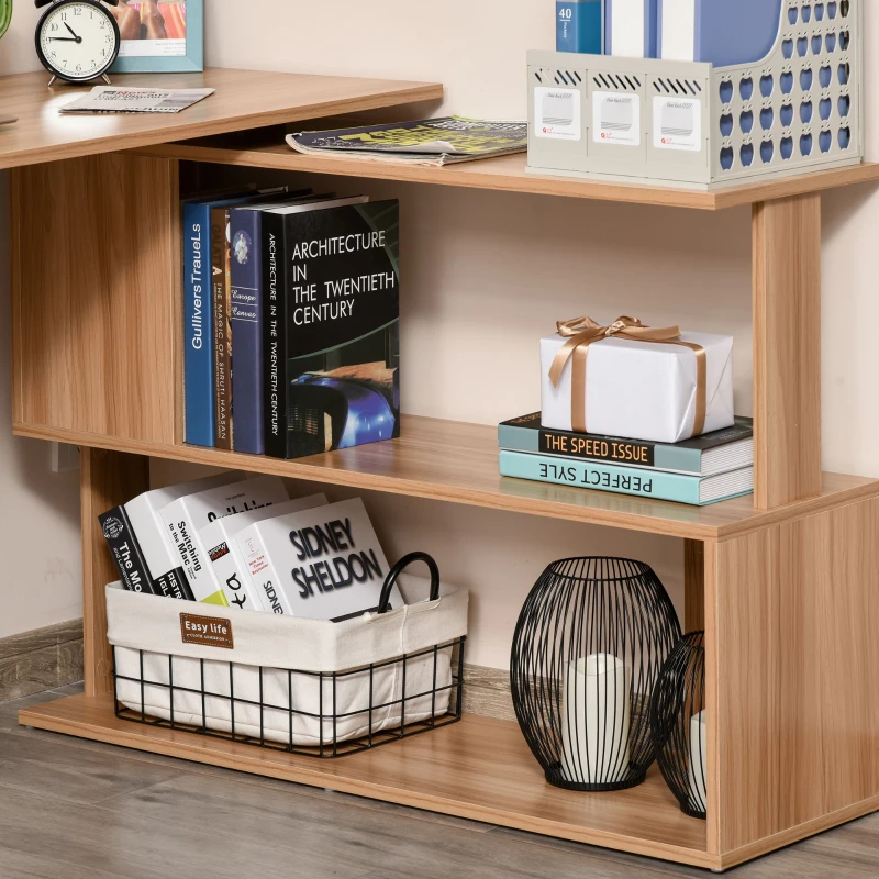 HOMCOM L Shaped Desk, 360° Rotating Corner Desk, Computer Writing Table Workstation with Storage Shelf for Home Office, Maple Brown