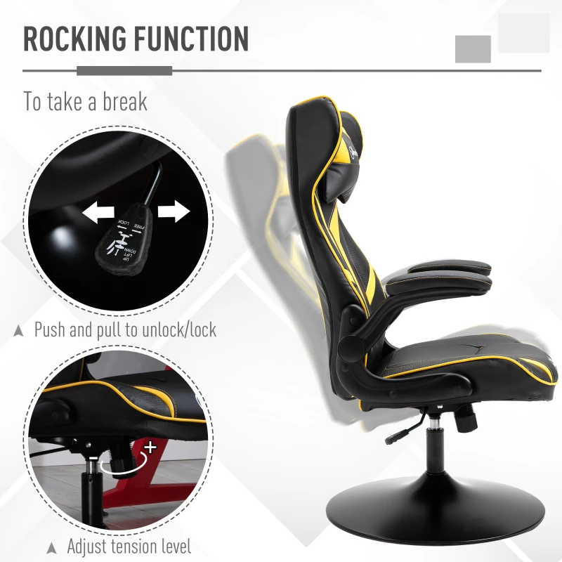 Vinsetto Office Chair Racing Vedio Gaming Faux Leather with Pedestal Base, Adjustable Head Pillow, Flip-Up Armrest, Yellow and Black