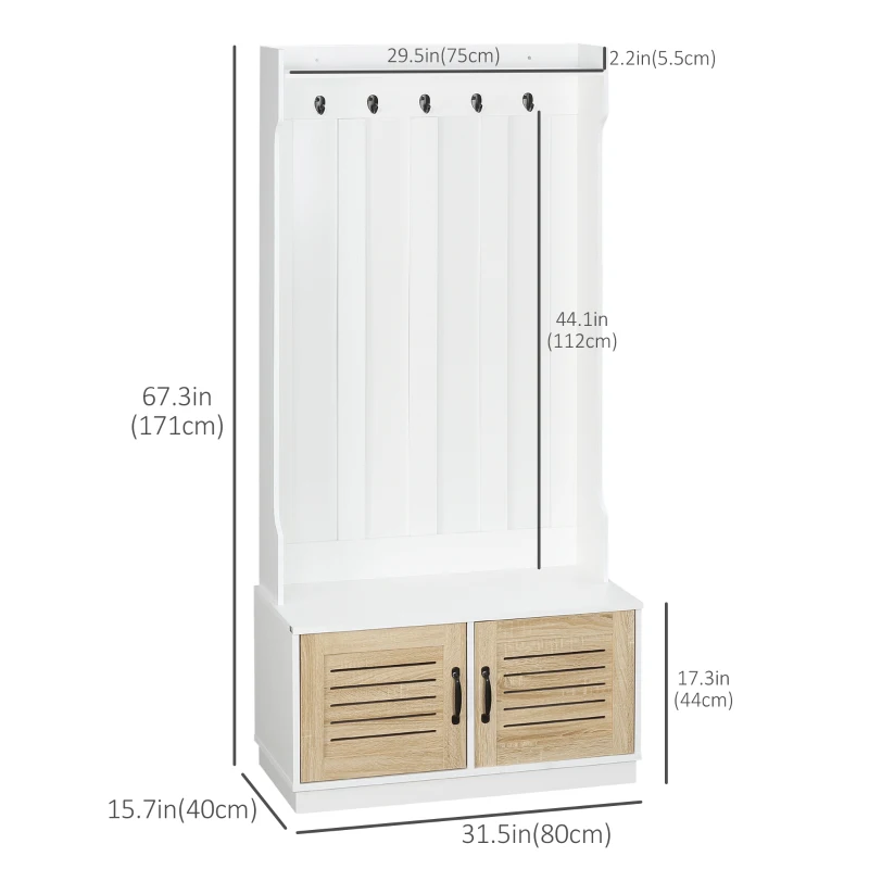HOMCOM Modern Hall Tree, Entryway Coat Rack with Shoe Bench, 5 Hooks, Storage Shelf and Slatted Door Cabinet for Hallway, White