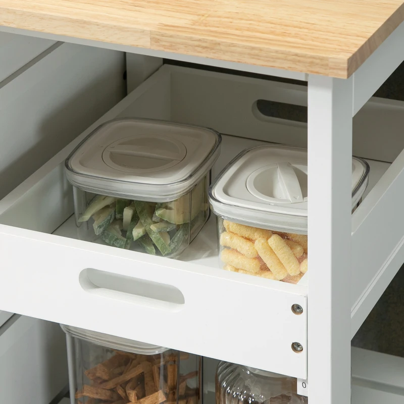 HOMCOM Rolling Kitchen Island Cart, Bar Serving Cart, Compact Trolley on Wheels with Wood Top, Shelves and Drawers (White)