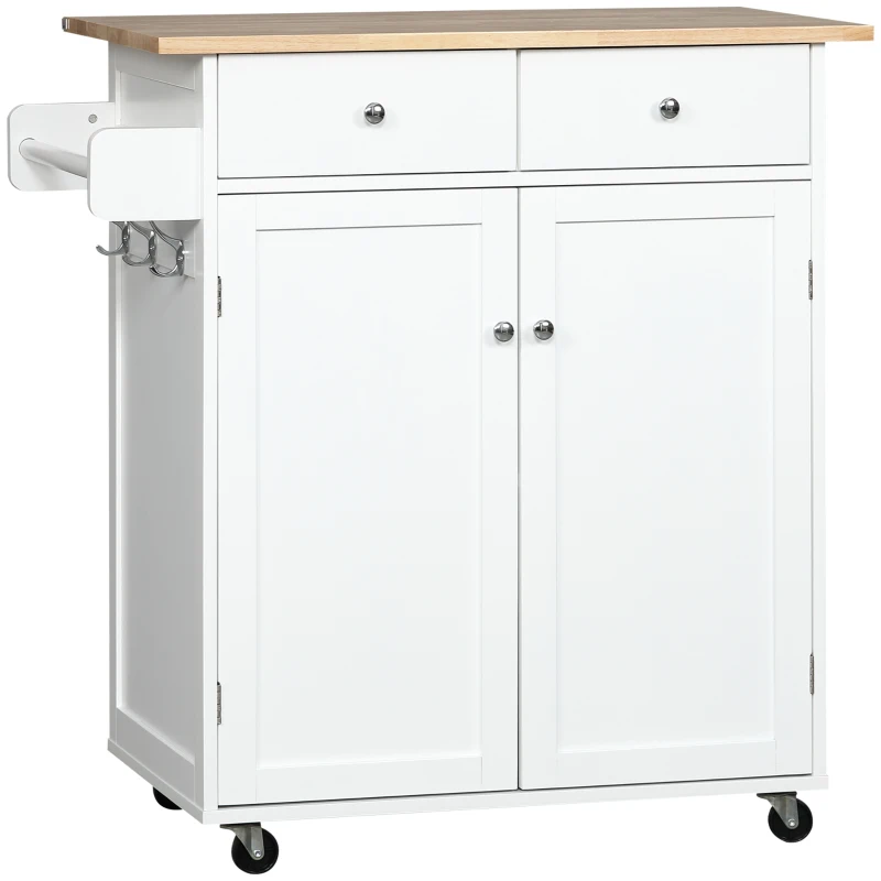 HOMCOM Rolling Kitchen Island with Storage, Kitchen Cart with Rubber Wood Top, Adjustable Shelf, Towel Rack, Hooks and Storage Drawers, White