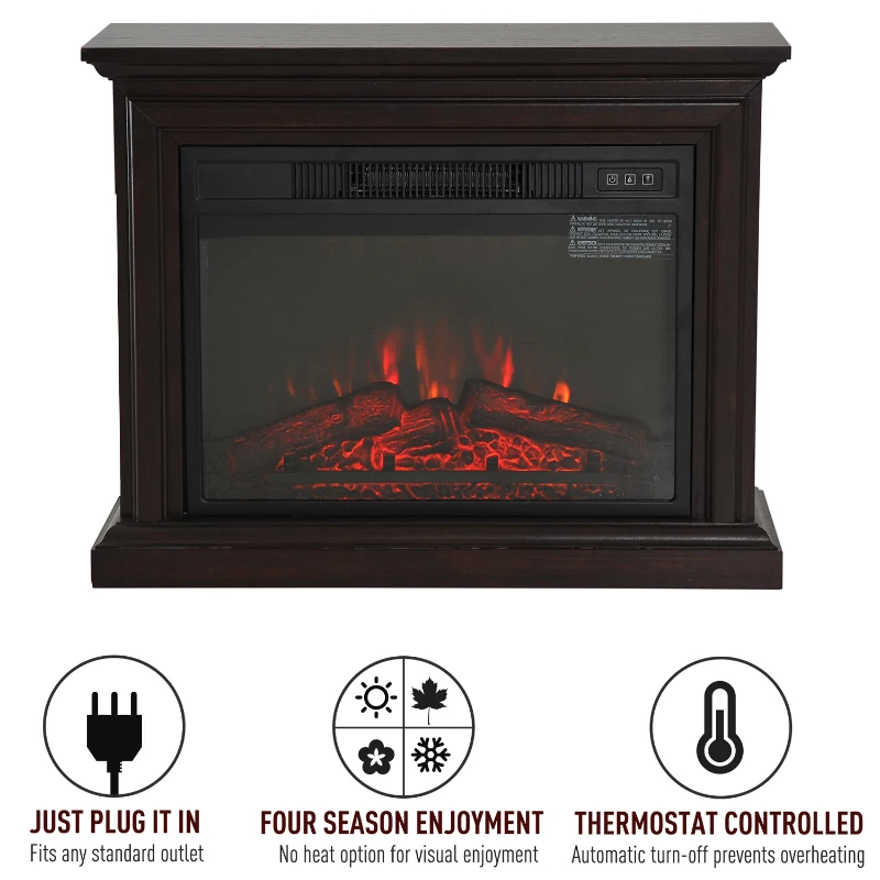 HOMCOM 31" Electric Fireplace with Dimmable Flame Effect and Mantel, Freestanding Space Heater with Log Hearth and Remote Control, 1400W, Dark Brown