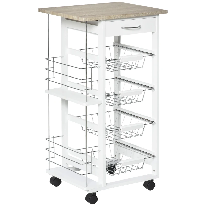 HOMCOM Rolling Kitchen Cart, Utility Storage Cart with 4 Baskets, Drawer, Side Racks, Wheels for Dining Room, Natural and White