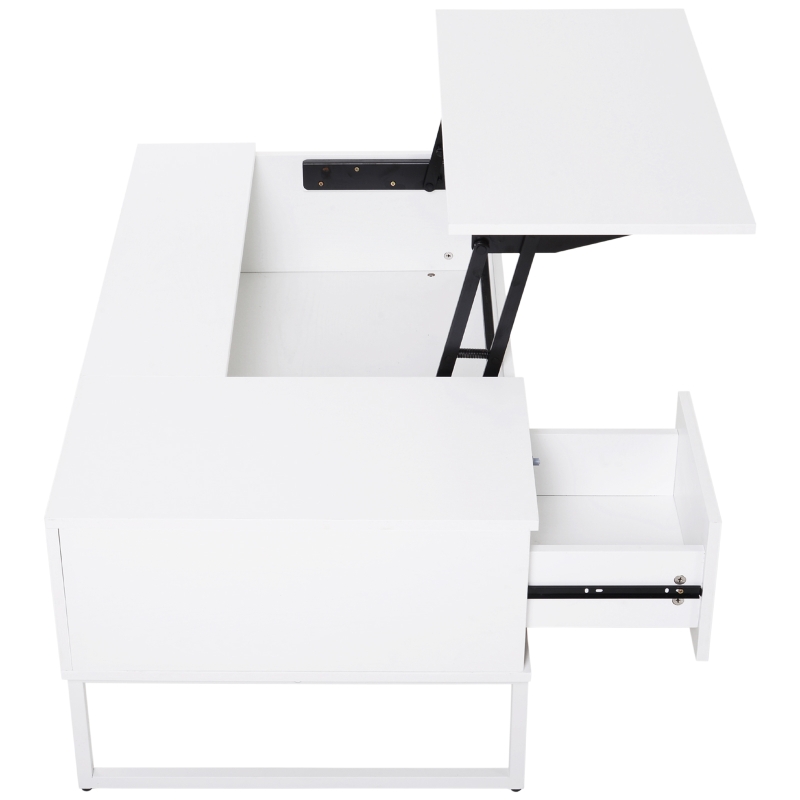 HOMCOM Foldable Wood Lift Top coffee Table Convertible Tea Desk Furniture with 2 Storage Drawer Tray White