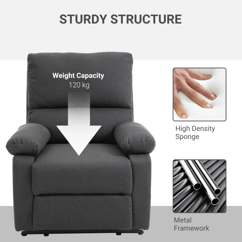 HOMCOM Single Recliner Sofa Lounge Linen Fabric Manual Adjustable Reclining Armchair with Padded Back for Home Theater, Living Room, Charcoal Grey