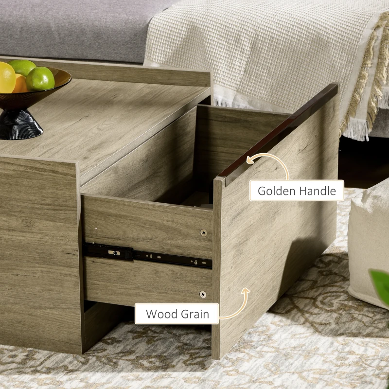 HOMCOM Coffee Table with Hidden Storage Drawers, Farmhouse Center Table for Living Room Home Office, Oak