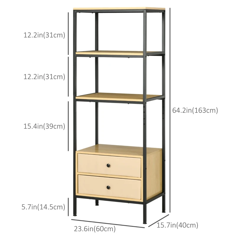 HOMCOM 4-tier Storage Shelving Unit with 2 Fabric Drawers, Modern Bookshelf with Open Shelves for Living Room, Home Office, Bedroom, Oak