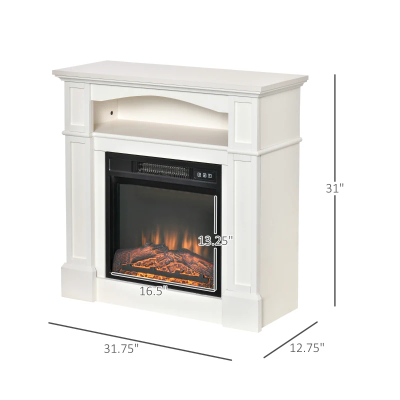 HOMCOM 32" Electric Fireplace with Mantel, Freestanding Heater with LED Log Flame, Shelf and Remote Control, 1400W, White