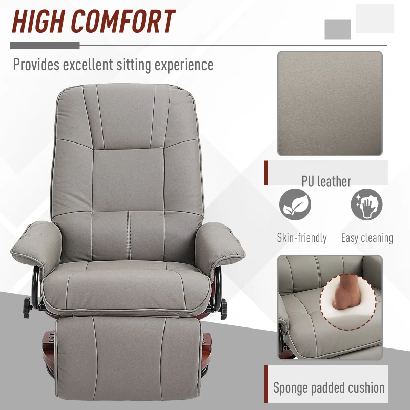 HOMCOM Manual Recliner Chair Armchair Sofa with Faux Leather Upholstered, Wood Base for Living Room Bedroom, Grey