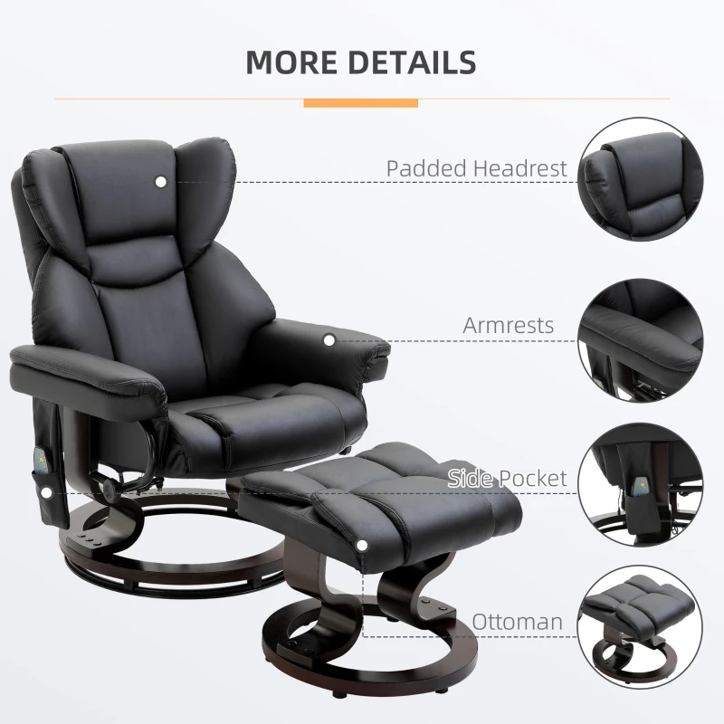 HOMCOM Massage Recliner and Ottoman, PU Leisure Office Chair with 10 Vibration Points, Adjustable Backrest, Side Pocket and Remote Control, for Living Room, Study, Bedroom, Black