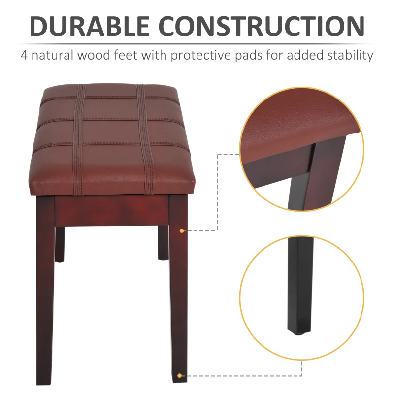 HOMCOM Duet Piano Storage Bench Two Person Professional Padded Keyboard Seat Birchwood with Traditional PU Leather Lift Top Brown
