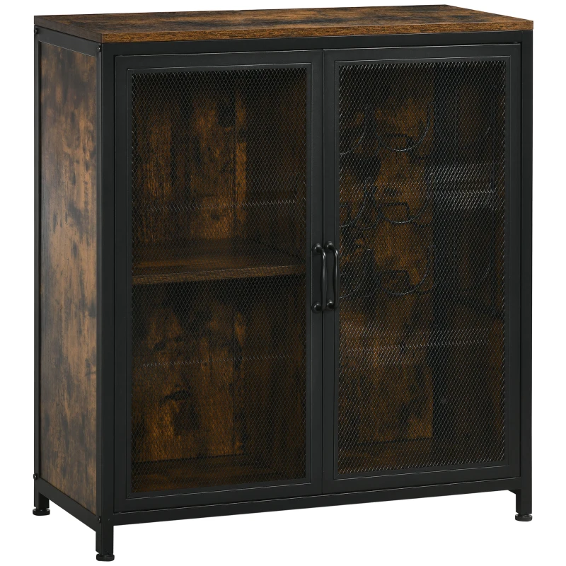 HOMCOM Industrial Wine Rack for 9 Bottles, Retro Liquor Cabinet with Glass Holders, Mesh Doors, Storage Shelf for Home Bar, Dining Room, Rustic Brown