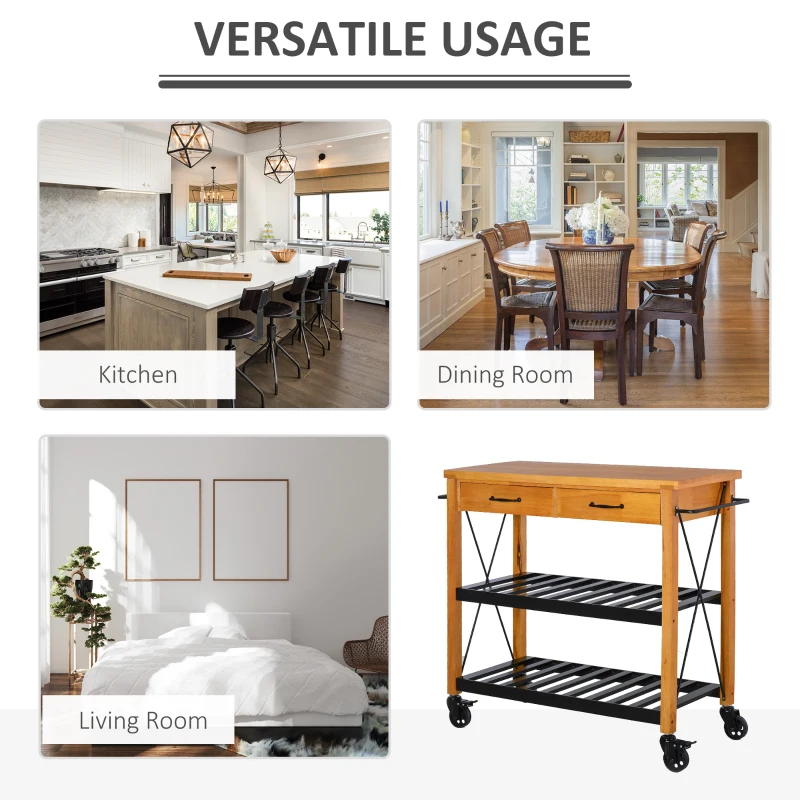 HOMCOM 46" Rolling Kitchen Cart Island on Wheels Trolley, Cabinet with 2 Drawers, Storage Shelf, Natural Rubberwood Top, Black