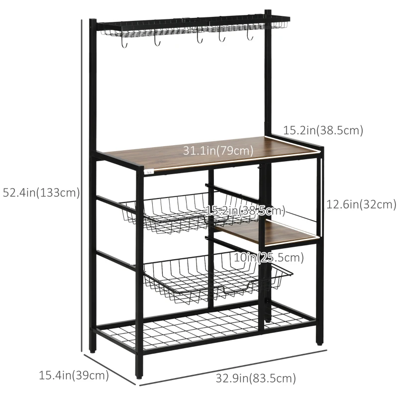 HOMCOM Industrial Kitchen Bakers Rack, Microwave Stand, Coffee Bar Station with Storage Shelves, Wire Basket, 5 Movable Hooks, Walnut