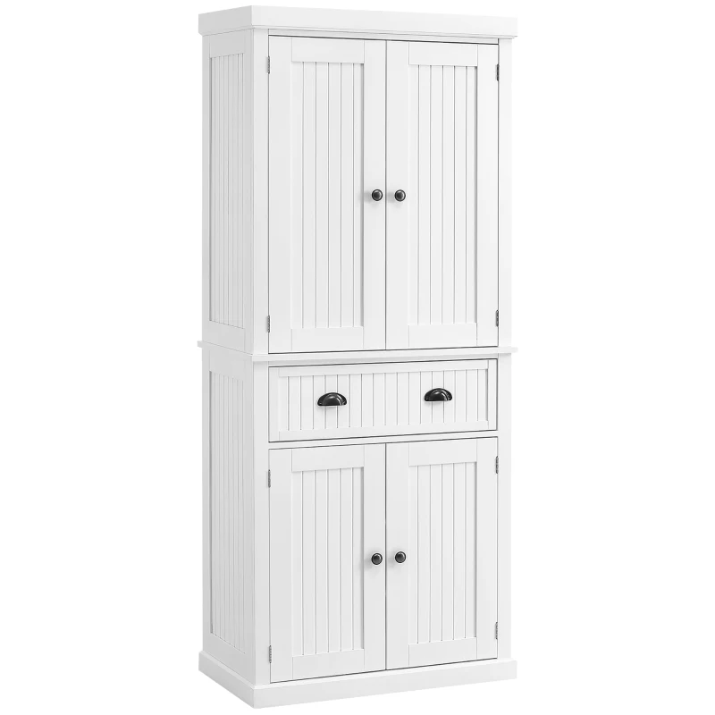 HOMCOM 72" Tall Kitchen Pantry Cabinet, Modern Buffet Storage Cabinet with 4 Beadboard Doors, Drawer and Adjustable Shelves, White