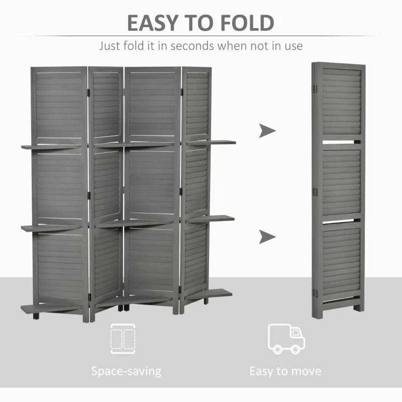 HOMCOM 4-Panel Wall Partition Room Separator with 3 Storage Shelves Foldable Design Wooden Frame 5.6FT Grey