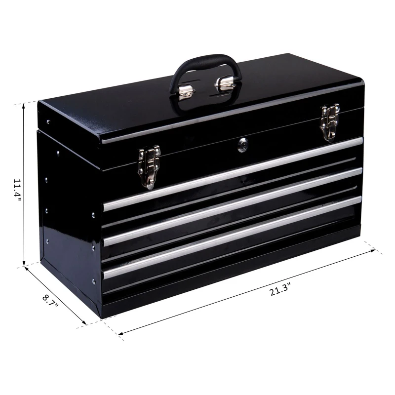 HOMCOM 3-Drawer Tool Storage Chest Steel Tool Box Organizer Portable Garage Tool Cabinet Toolbox w/ Handle Black