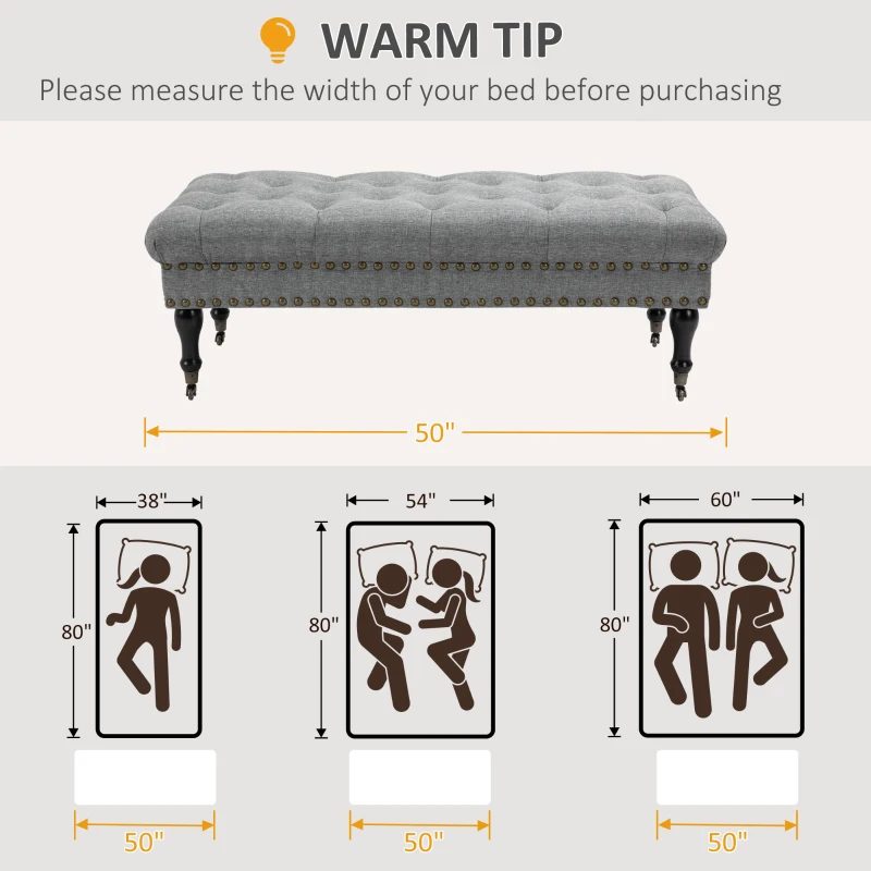 HOMCOM Mobile End of Bed Bench, Upholstered Bedroom Entryway Bench with Button-Tufted, Accent Ottoman with Nailhead Trim and Wheels, Gray